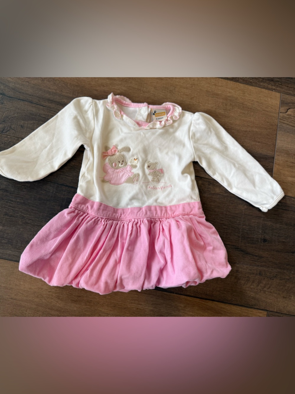 Girls 9 months White and Pink Bunny Bear Casual Dress vintage inspired